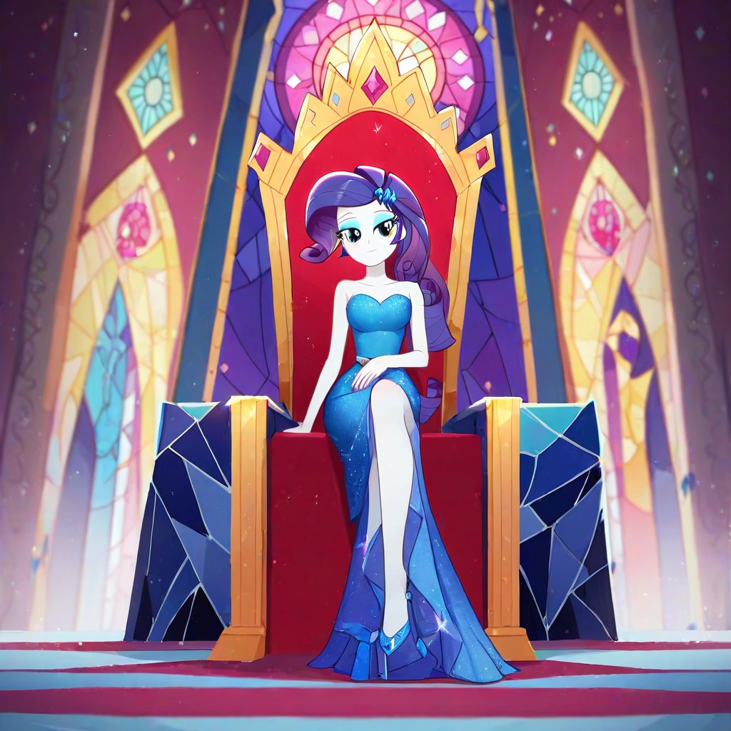 score_9,score_8_up, score_7_up, score_6_up, 
 source_cartoon, equestria_girls, rarity_(mlp), purple royal gown, elaborate golden throne, throne room, stained glass, red carpet,