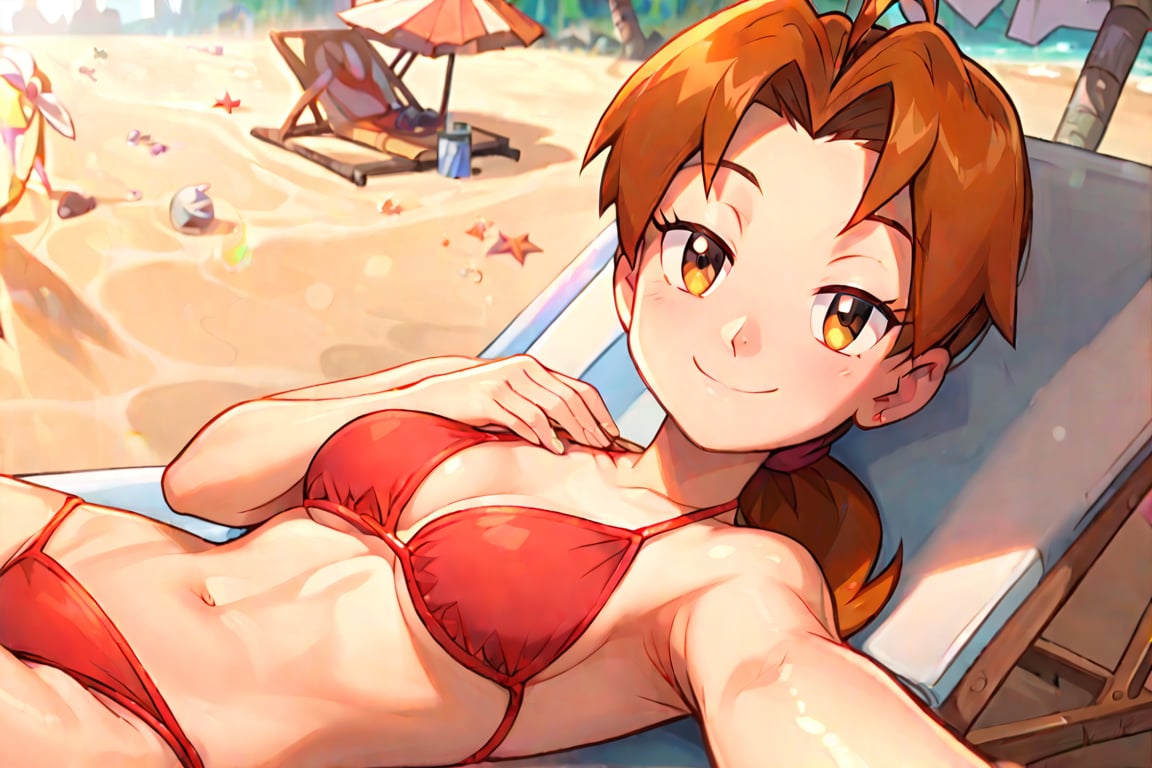 score_9,score_8_up, score_7_up, score_6_up, 
solo, smile, bikini, smile, eyes half closed, beach, beach_chair, masterpiece, best quality, detailed, source_cartoon, show_accurate, laying on back, selfie, looking at viewer,deliaketchum, brown hair, low ponytail 