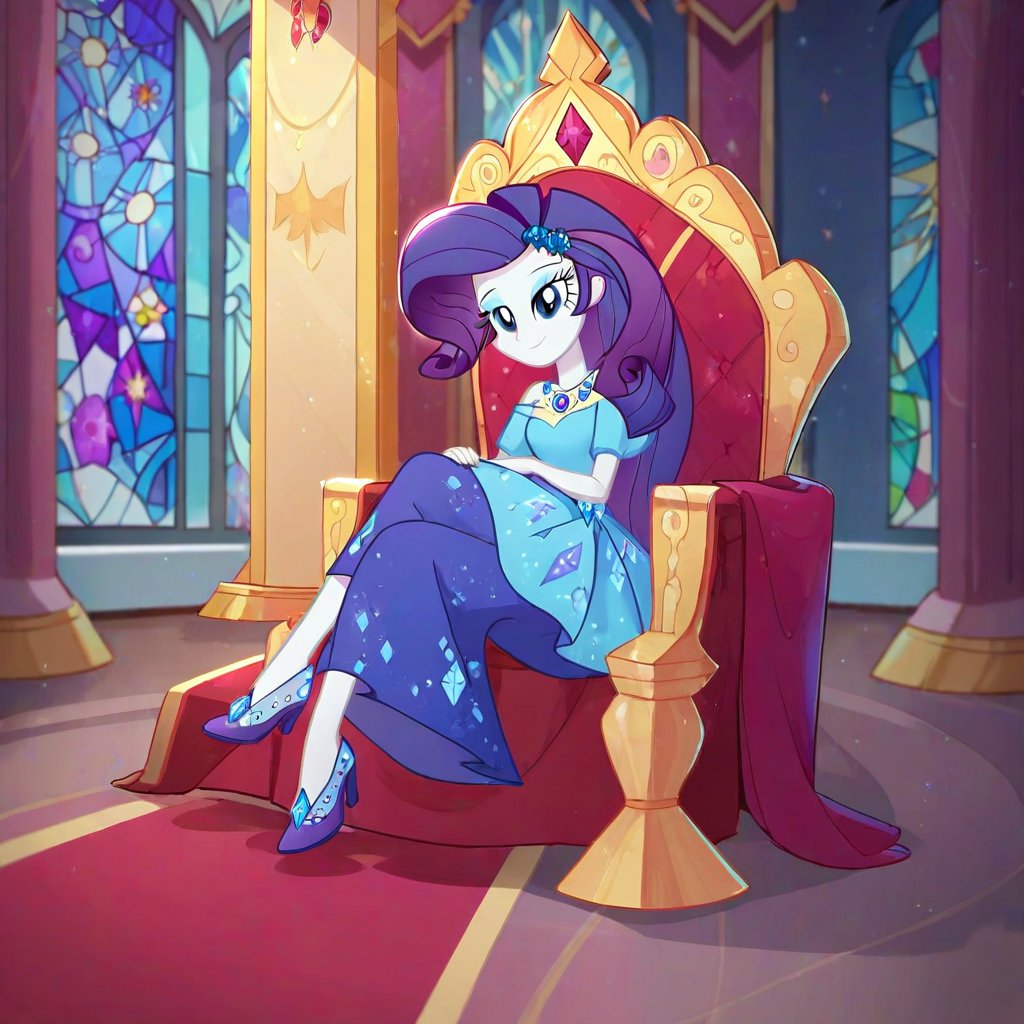 score_9,score_8_up, score_7_up, score_6_up, 
 source_cartoon, equestria_girls, rarity_(mlp), purple royal gown, elaborate golden throne, throne room, stained glass, red carpet,