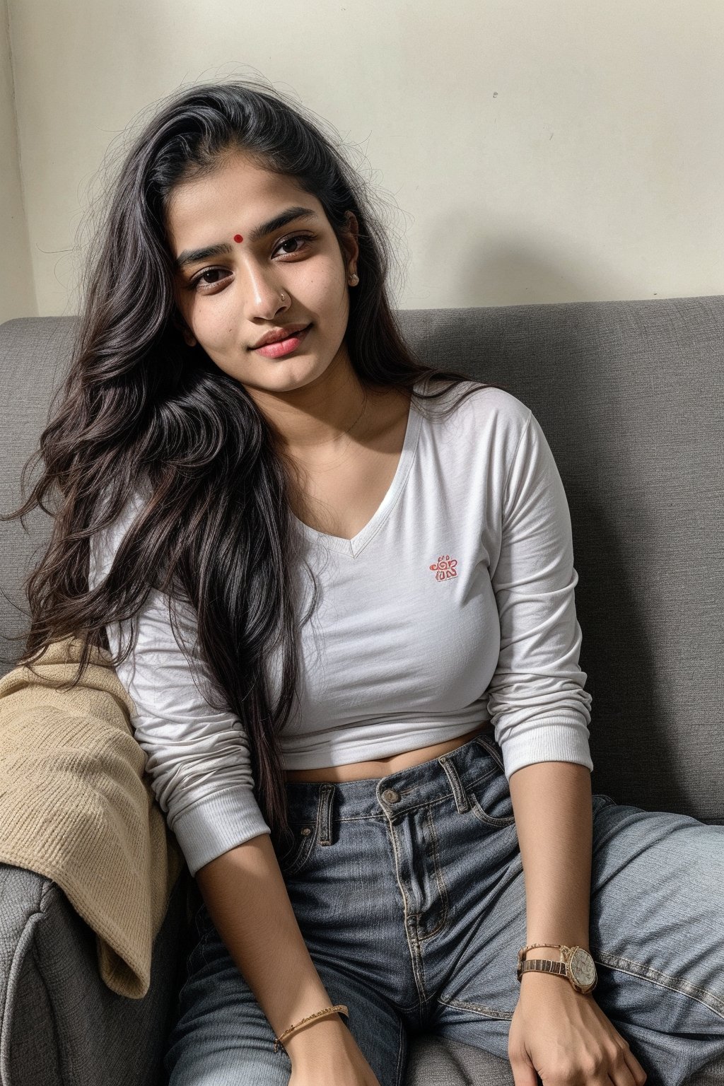 beautiful cute young attractive indian teenage girl, village girl, 18 years old, cute,  Instagram model, long black_hair, colorful hair, warm, dacing, in home sit at  sofa, indian
