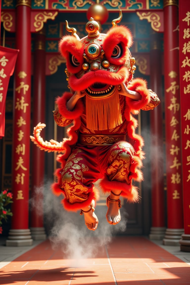 A model dressed as a lion dancer in vibrant red and gold attire performs a high leap in mid-air,  her movements capturing...