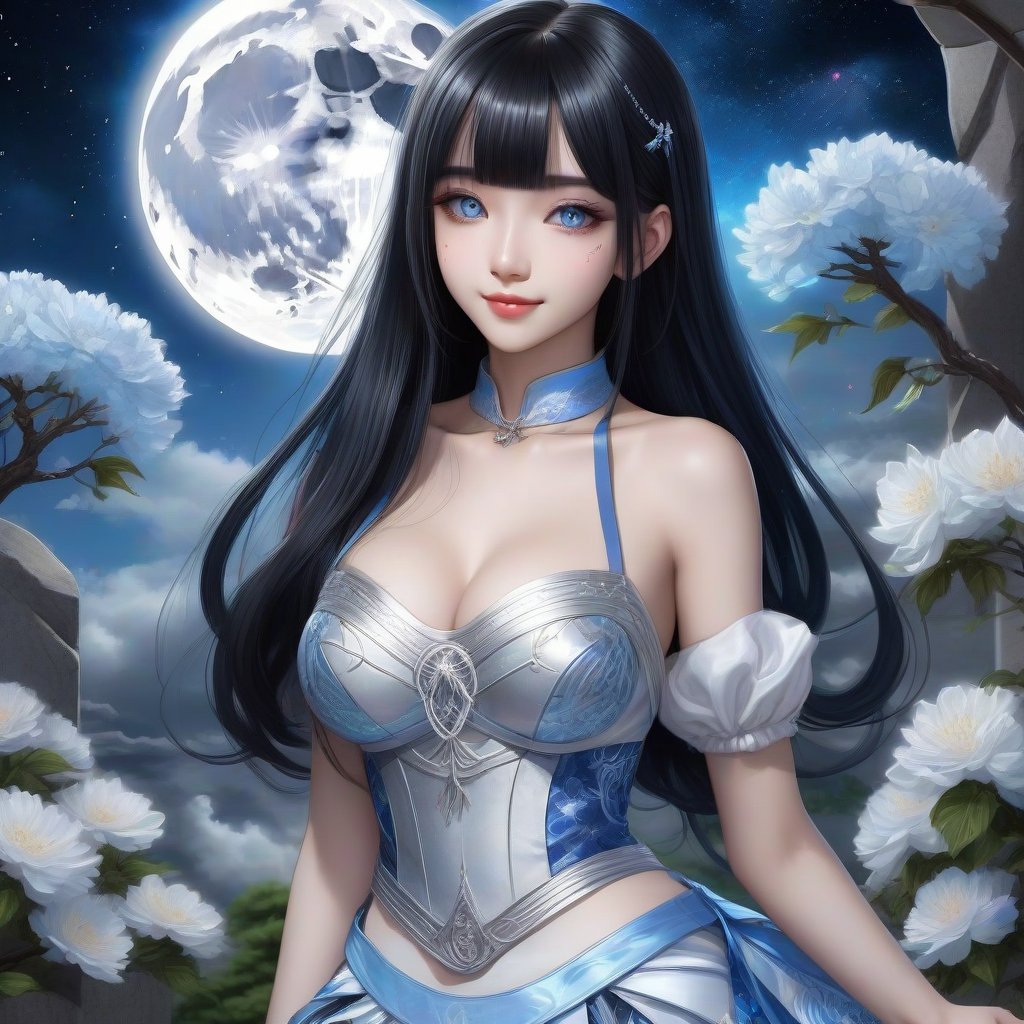 Show her half her body. The sky mixed the universe and has a full moon. Only beautiful sweet face young japan with a gothic aesthetic, Her face has high definition. Wear glasses. She was smiling charmingly and her canine teeth were visible. She has long straight black hair with blunt bangs, adorned with silver hair clips. glowing blue eyes. wore a high realistic Majestic long skirt that was intricately woven with a white emblem and decorated with light blue ribbons. She has a powerful aura. her pose is natural and elegant, She has an extremely large, naturally full and round bust. In the garden where the most beautiful flowers in the world gather., ultra hyper iridescent, ultra hyper luminescent, ultra hyper intricate detail.