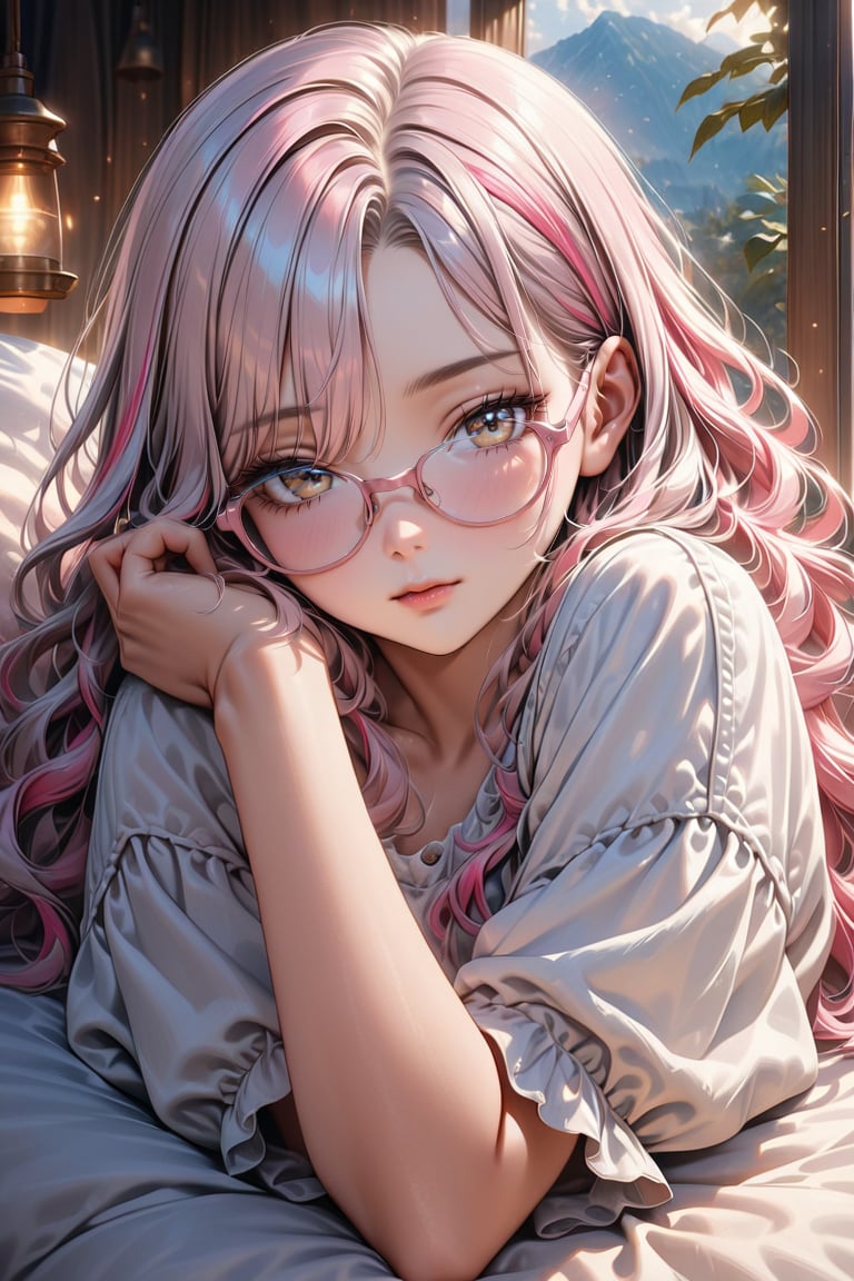 A highly realistic and beautifully detailed image of a young woman with a tanned, wearing light pink frame glasses, glowing hair streaked with bright multicolored hair, parted bangs hair over one eye, smooth complexion, wearing trendy, cute fashion typical of teenage girls. She is peacefully asleep, with her head resting on the viewer's shoulder, radiating an adorable and serene expression even in her sleep. The setting exudes warmth and romance, creating an intimate, cozy ambiance that highlights her charm and the tender connection with the viewer., best texture,complex,masterpiece,hyper realistic,Perfect lighting,ultra quality,Ultra intricate detail