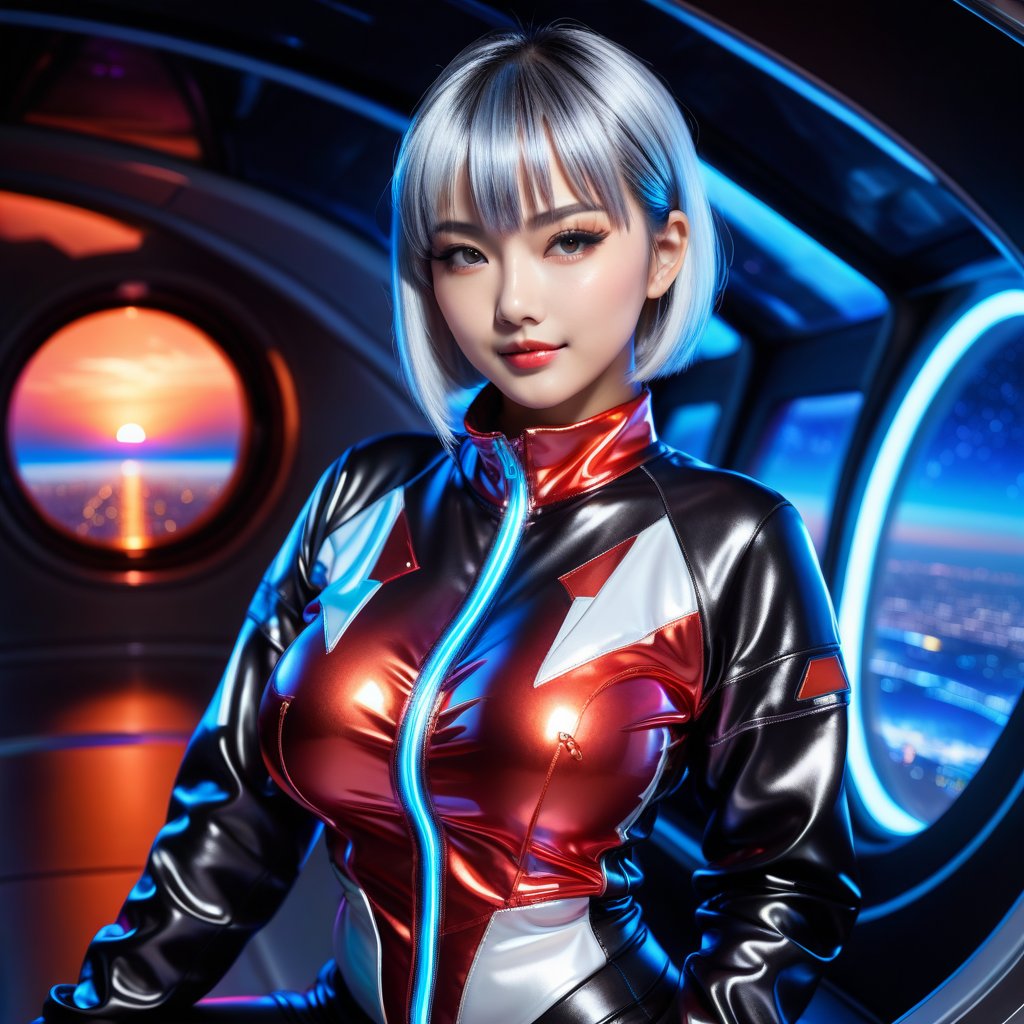 Show half her body, Only beautiful young loli japan girl, Her sweet face has high definition. smiling gently. glowing blue eyes. short straight glowing black highlights silver hair with blunt bangs. wear glasses. She has extra gigantic bust, an extremely large, naturally full and round bust. She wears cyberpunk jacket and sweat pants. With red clothes. Shining cross-shaped. her pose is natural and elegant, She sitting in such a way that can clearly see her full whole body and her legs apart very voluptuous appearance. sunset mix with moonlight. on a spaceship with large windows showing the outer space view. ultra hyper intricate detail.