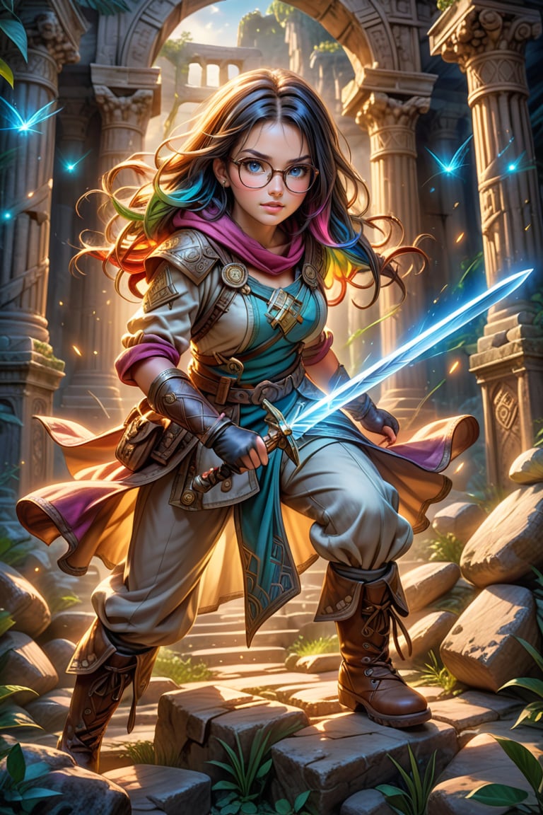 An exquisite, highly detailed, and realistic image of a beautiful glasses-wearing young girl who is a treasure hunter. glowing hair streaked with bright multicolored hair. She is dressed in expert adventurer attire, complete with practical yet stylish clothing, sturdy boots, and gloves. She is attempting to pull a legendary glowing magical sword embedded firmly in a large stone. The expression on her face combines intense determination and a bit of adorable frustration, conveying her effort to pull the sword out. The scene has a mix of a serious and slightly humorous atmosphere, highlighting her endearing persistence. The background has a mystical setting, surrounded by ancient ruins and glowing symbols. Soft, magical lighting enhances the atmosphere, creating a sense of wonder and adventure, dynamic pose, dynamic expression, best texture,complex,masterpiece,hyper realistic,Perfect lighting,ultra quality,Ultra intricate detail