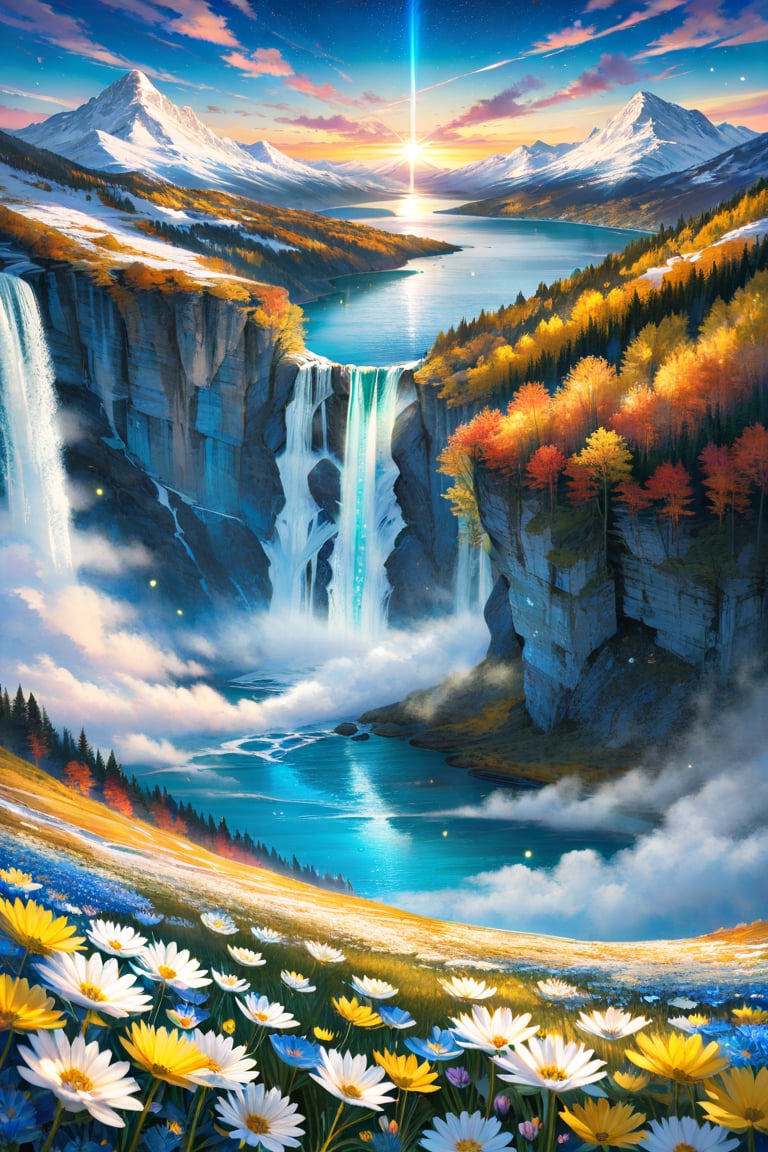 An awe-inspiring, highly detailed, and visually stunning landscape that combines realism with surreal imagination. The scene features a crystal-clear, sparkling lake, multiple waterfalls both large and small, and majestic mountains. The mountains are covered partly with autumn-colored forests and partly with snow. There is a colorful meadow with flowers in full bloom, glowing fireflies hovering over a vast field, and fluffy clouds floating in the sky. The sky itself is full of bright stars, creating a warm and romantic atmosphere. No people are present. The overall details are intricate and exquisite.