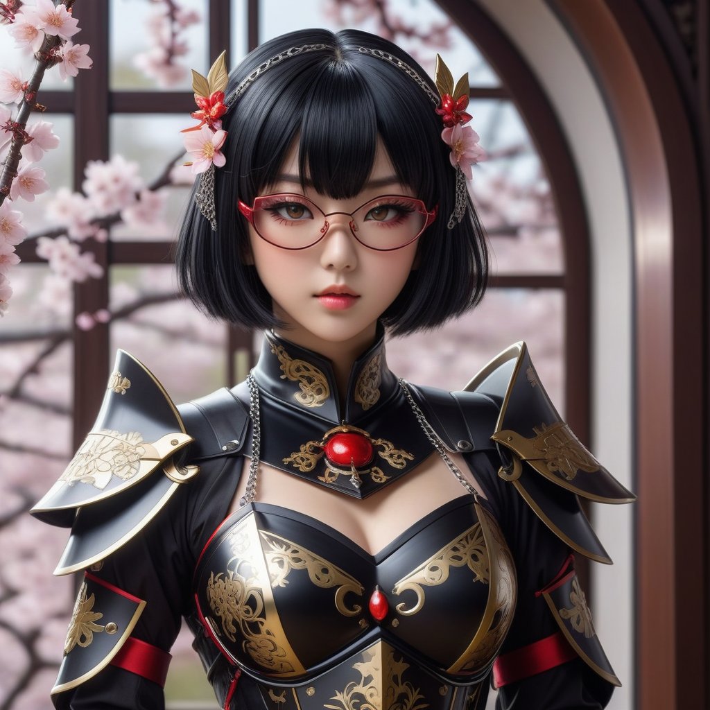 Close up. Show half full her body. A mysterious and elegant beautiful young loli japan with gothic aesthetic. mecha mask. red glasses. glowing eyes. Hime cut short straight black hair streaked with bright blonde hair with blunt bangs. She wears a divine knight armor mixed with silver chains and golden pattern. black shawl. She standing with her arms folded gracefully and confidently. She has an extremely large, naturally full and round bust. In Ninja houseand a large window showing cherry trees in bloom. with high-definition detail and accuracy. perfect anatomy. ultra hyper quality. ultra hyper intricate detail. fantastic. photorealistic.