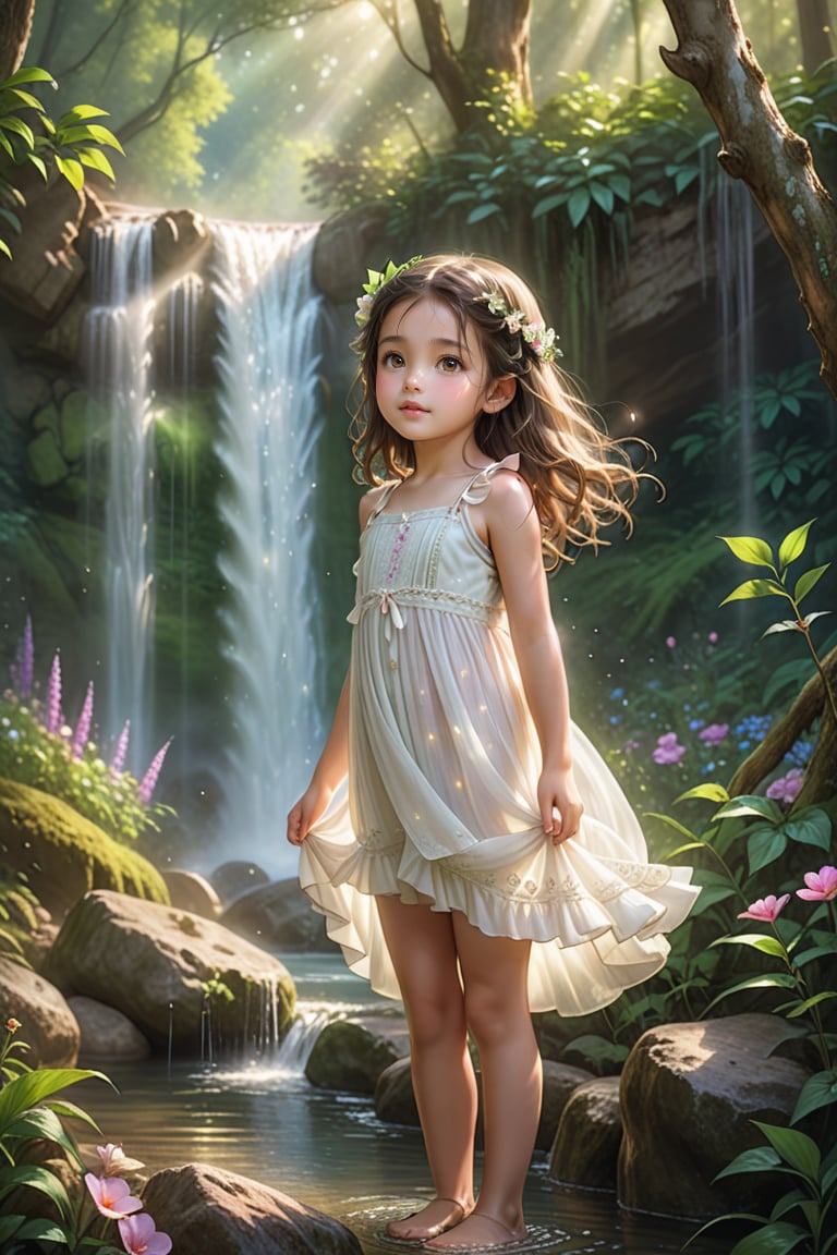 The best quality picture of a beautiful little girl who is a tree spirit. Her body is integrated with the nature of the fo...