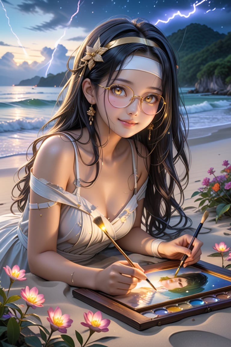 Sexy, full body(view reveals her entirely), A highly detailed and visually stunning image of a beautiful young asia girl, with a sweet and gentle face, Charming mole on her face, She has long hair,shiny black hair with a soft glow, wearing golden-rimmed glasses, Sleepy glowing eyes, a headband is a Torn bandage, She smiles softly and looks directly at the viewer, She is dressed in Torn bandage, She is painting a portrait of herself, on White sand beach on the sea shorea,bove a lightning clouds,autumn,In field of fireflies,Beautiful colorful flowers that are blooming,clear river shimmers with light, image is sharp, beautiful, and visually captivating with soft colors and a peaceful atmosphere, holographic astral cosmic illustration, best texture, Exceptionally sharp and complex,masterpiece, photorealistic, Perfect lighting, ultra hyper quality. Ultra hyper intricate detail. Majestic. fantasy. 8k resolution.