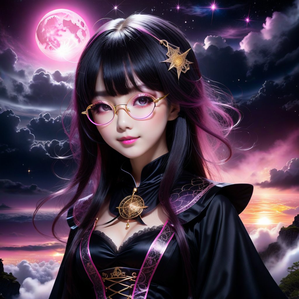 A black-pink witch is mysterious and elegant beautiful young loli japan sweet face with gothic aesthetic, Her face has high definition. glowing cosmic eyes. Hair covering on one her eye, straight highlights with blunt bangs. golden glasses. Smiling gently. She has extra gigantic bust. She practicing spells on the cliff above the clouds. black on white smoke layer. The sunset mixed the night seen universe. Divine lightning. ultra hyper intricate detail.