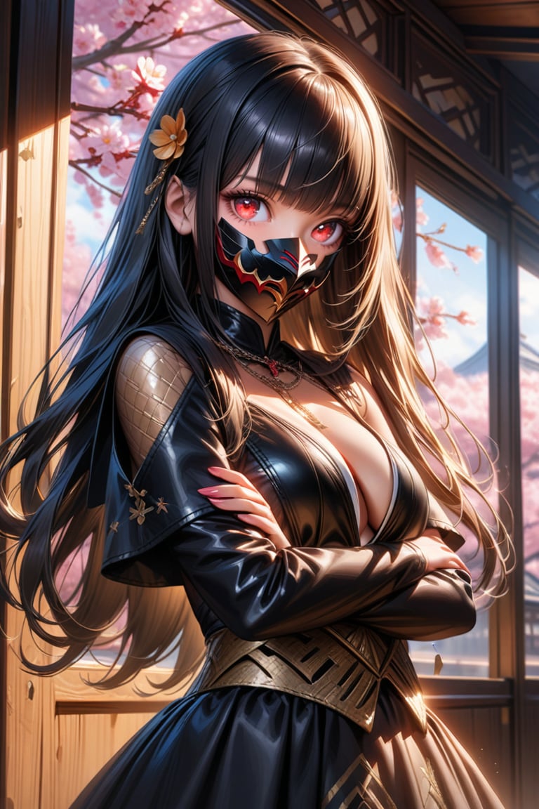 Close up. Show half full her body. A mysterious and elegant beautiful young loli japan with gothic aesthetic. mecha mask. red glasses. glowing eyes. Hime cut short straight black hair streaked with bright blonde hair with blunt bangs. She wears a divine knight armor mixed with silver chains and golden pattern. black shawl. She standing with her arms folded gracefully and confidently. She has an extremely large, naturally full and round bust. In Ninja houseand a large window showing cherry trees in bloom. with high-definition detail and accuracy. perfect anatomy. ultra hyper quality. ultra hyper intricate detail. fantastic. photorealistic.