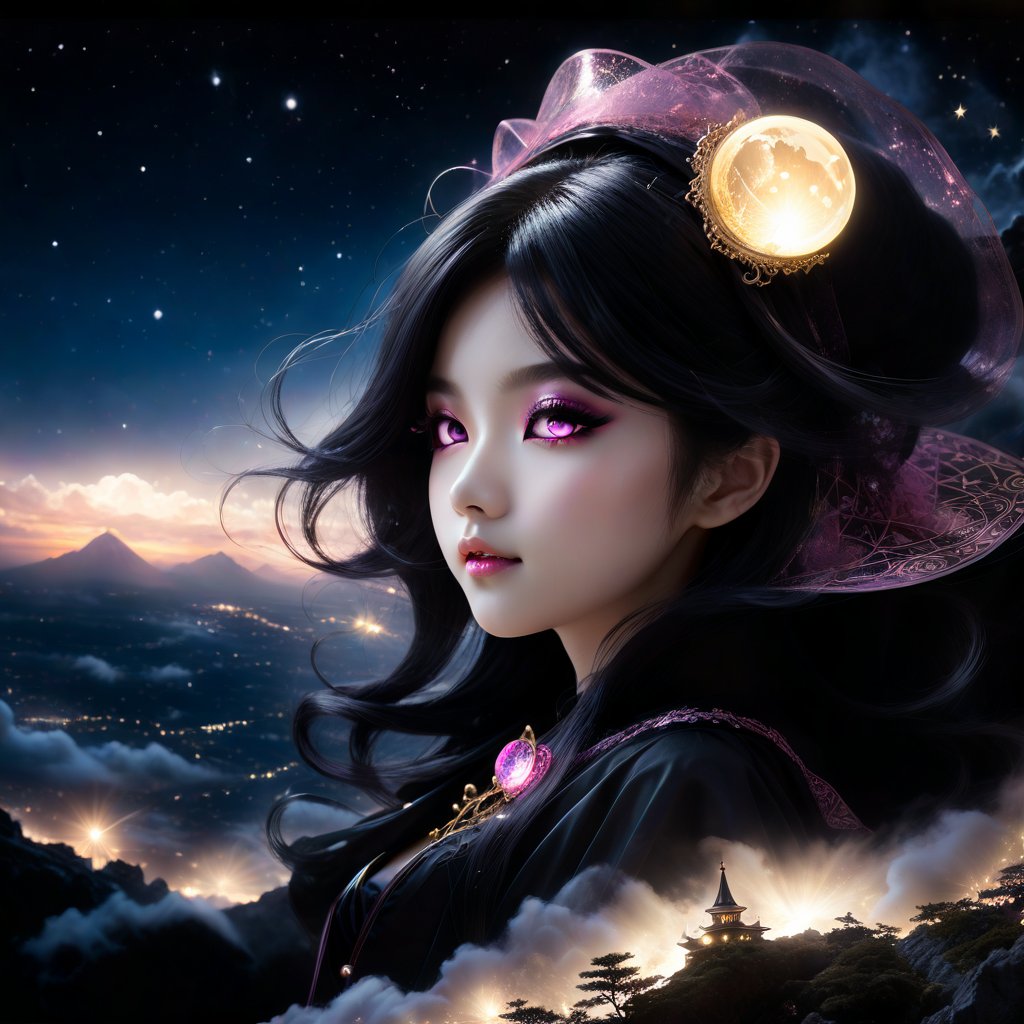 A black-pink witch is mysterious and elegant beautiful young loli japan sweet face with gothic aesthetic, Her face has high definition. glowing cosmic eyes. Hair covering eyes. Golden glasses. Smiling gently. She has extra gigantic bust, an extremely large, naturally full and round bust. She practicing spells on the cliff above the clouds. black on white smoke layer. The sunset mixed the night seen universe. Divine lightning. ultra hyper intricate detail.