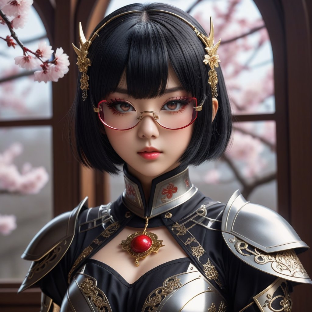 Close up. Show half full her body. A mysterious and elegant beautiful young loli japan with gothic aesthetic. mecha mask. red glasses. glowing eyes. Hime cut short straight black hair streaked with bright blonde hair with blunt bangs. She wears a divine knight armor mixed with silver chains and golden pattern. black shawl. She standing with her arms folded gracefully and confidently. She has an extremely large, naturally full and round bust. In Ninja houseand a large window showing cherry trees in bloom. with high-definition detail and accuracy. perfect anatomy. ultra hyper quality. ultra hyper intricate detail. fantastic. photorealistic.