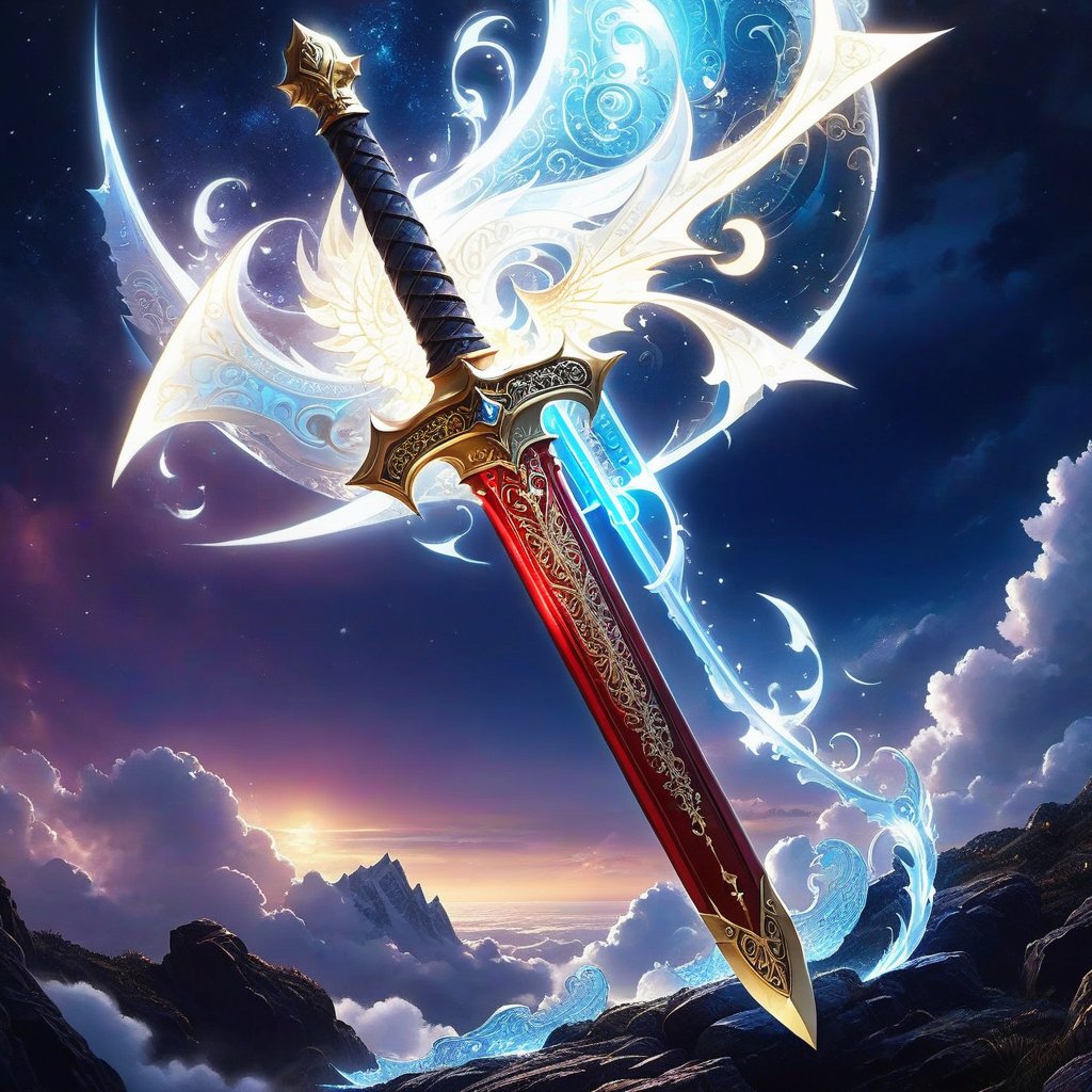 Epic, Magnificent, Majestic, Meticulous, A legendary magic knight sword. The hilt is made of gold with glowing cosmic engravings, blended with complex mechanism. The fuller of the blade is crystalline, glowing blue along with Runic alphabet. on a cliff high above the clouds. The sky mixed the universe. twinkling divine lights and holy lightning illuminating it from above. The red cloth tied to the sword's hilt blowing in the wind. Cycle of the twelve zodiac signs. ultra hyper iridescent, ultra hyper luminescent, ultra hyper intricate detail. steampunk engine. 