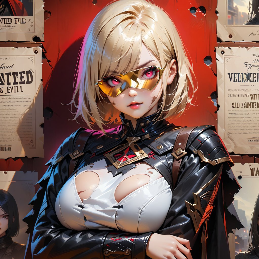 "an old western "Wanted!" poster. The word (WANTED!) is printed above the picture of beautiful young evil japan gothic gir...