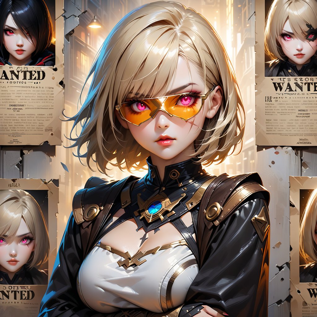 "an old western "Wanted!" poster. The word (WANTED!) is printed above the picture of beautiful young evil japan gothic gir...