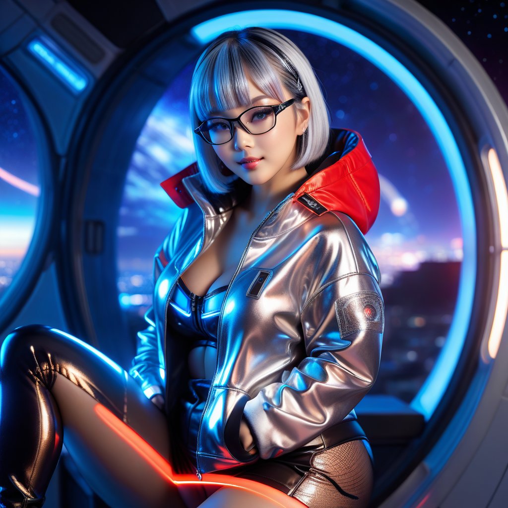 Show half her body, Only beautiful young loli japan girl, Her sweet face has high definition. smiling gently. glowing blue eyes. short straight glowing black highlights silver hair with blunt bangs. wear glasses. She has extra gigantic bust, an extremely large, naturally full and round bust. She wears cyberpunk jacket and sweat pants. With red clothes. Shining cross-shaped. her pose is natural and elegant, She sitting in such a way that can clearly see her full whole body and her legs apart very voluptuous appearance. sunset mix with moonlight. on a spaceship with large windows showing the outer space view. ultra hyper intricate detail.