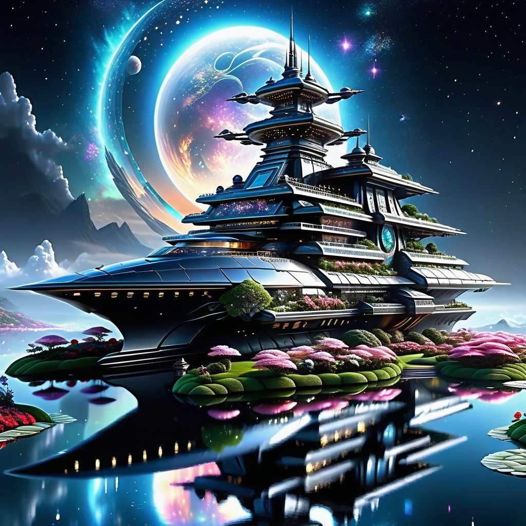 Epic, Majestic, Ultra hyper intricate detail, ultra-sharp, Fantasy, A futuristic sci-fi battleship. The battleship is located on Hill above the clouds. features a clear reflecting small pool. a garden with various flowers, waterfalls. small river and a pavilion for sitting and drinking tea prominently located in the garden. The night moonlight mixed cosmic universe.