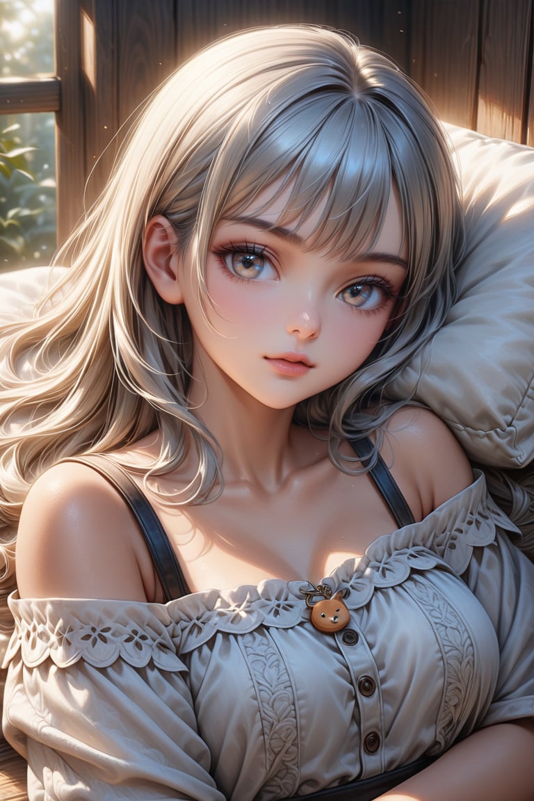 A highly realistic and beautifully detailed image of a young woman with a tanned, smooth complexion, wearing trendy, cute fashion typical of teenage girls. She is peacefully asleep, with her head resting on the viewer's shoulder, radiating an adorable and serene expression even in her sleep. The setting exudes warmth and romance, creating an intimate, cozy ambiance that highlights her charm and the tender connection with the viewer., best texture,complex,masterpiece,hyper realistic,Perfect lighting,ultra quality,Ultra intricate detail