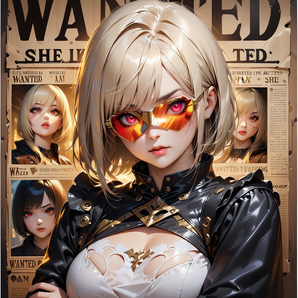 "an old western "Wanted!" poster. The word (WANTED!) is printed above the picture of beautiful young evil japan gothic gir...