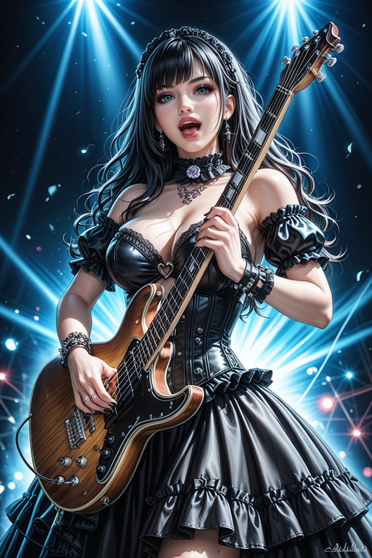 A stunning and highly detailed image of a beautiful gothic-style girl singer performing on an extravagant stage. She is dressed in a fantasy-inspired gothic outfit, singing and playing an electric guitar with passion. The stage is grand and visually powerful, featuring intricate gothic and fantasy-themed elements like dark chandeliers, elaborate backdrop designs, and dim atmospheric lighting. The overall mood is intense and vibrant, capturing the energy of a powerful music performance, with every detail appearing perfect and realistic, dynamic pose, dynamic expression, best texture,complex,masterpiece,hyper realistic,Perfect lighting,ultra quality,Ultra intricate detail