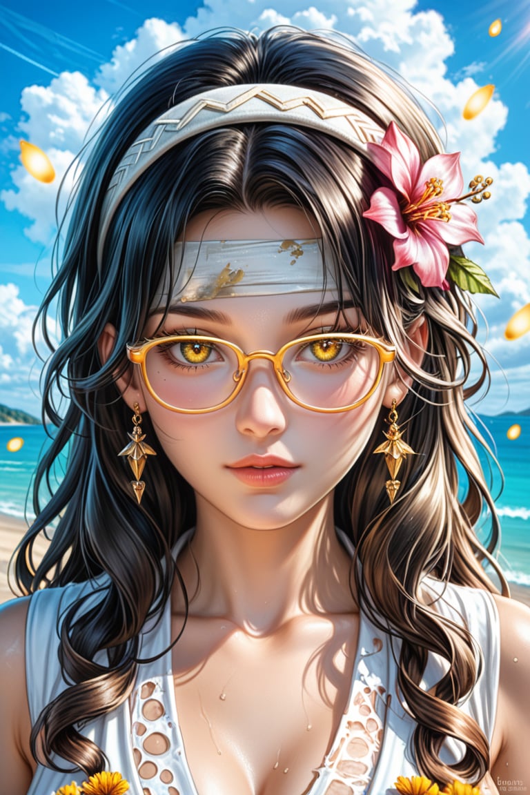 Sexy, full body(view reveals her entirely), A highly detailed and visually stunning image of a beautiful young asia girl, with a sweet and gentle face, Charming mole on her face, She has long hair,shiny black hair with a soft glow, wearing golden-rimmed glasses, Sleepy glowing eyes, a headband is a Torn bandage, She smiles softly and looks directly at the viewer, She is dressed in Torn bandage, She is painting a portrait of herself, on White sand beach on the sea shorea,bove a lightning clouds,autumn,In field of fireflies,Beautiful colorful flowers that are blooming,clear river shimmers with light, image is sharp, beautiful, and visually captivating with soft colors and a peaceful atmosphere, holographic astral cosmic illustration, best texture, Exceptionally sharp and complex,masterpiece, photorealistic, Perfect lighting, ultra hyper quality. Ultra hyper intricate detail. Majestic. fantasy. 8k resolution.