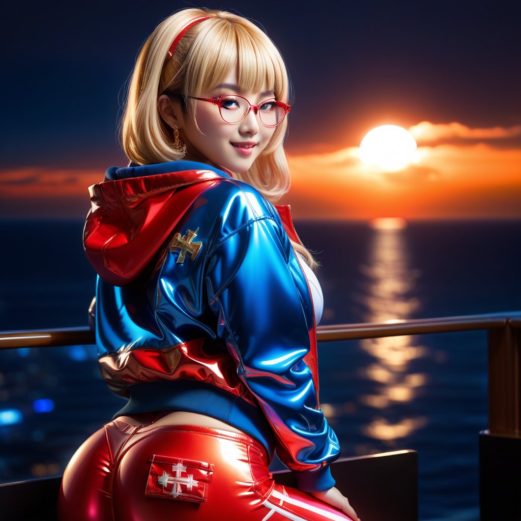 Show half her body, Only beautiful young loli japan girl, Her sweet face has high definition. smiling gently. glowing blue eyes. short straight glowing highlights golden hair with blunt bangs. wear glasses. She has extra gigantic bust, an extremely large, naturally full and round bust. She wears cyberpunk jacket and sweat pants. With red clothes. Shining cross-shaped. her pose is natural and elegant, She sitting in such a way that can clearly see her full whole body and her legs apart very voluptuous appearance. sunset mix with moonlight. on a ship with large windows showing the outer view. ultra hyper intricate detail.