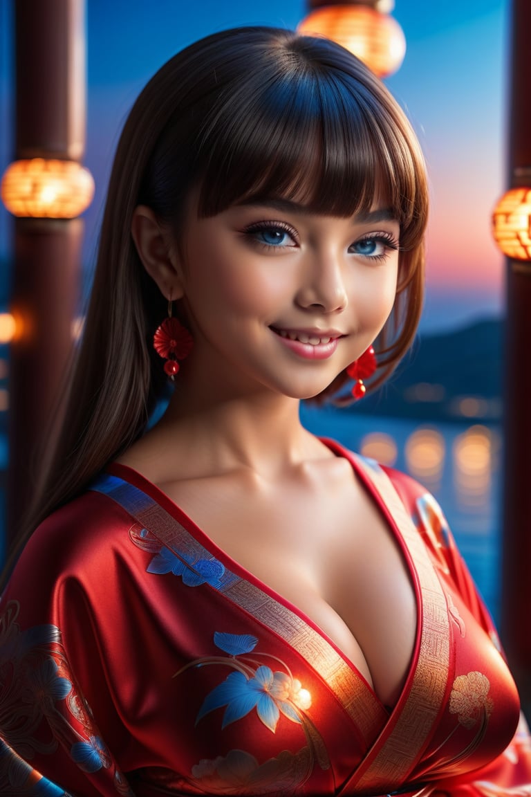 Close up, Show half her body, Only beautiful young cute latin 9 years old girl, Her face has high definition. smiling gently. glowing blue eyes. short highlights hair with blunt bangs. wear glasses. She has extra gigantic bust, an extremely large, naturally full and round bust. She wears sci-fi mini kimono and red clothes. Shining cross-shaped. her pose is natural and elegant, She sitting in such a way that can clearly see her full whole body and her legs apart very voluptuous appearance. sunset mix with moonlight. on a suspension bridge. ultra hyper intricate detail.