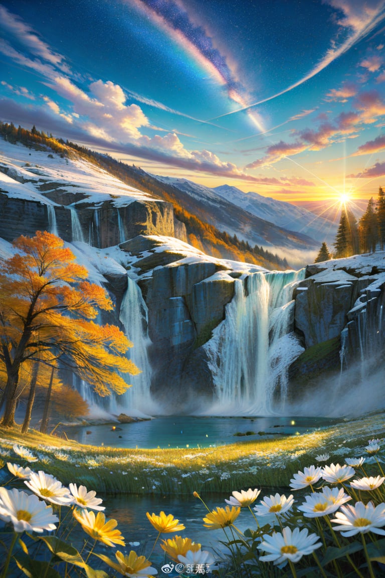 An awe-inspiring, highly detailed, and visually stunning landscape that combines realism with surreal imagination. The scene features a crystal-clear, sparkling lake, multiple waterfalls both large and small, and majestic mountains. The mountains are covered partly with autumn-colored forests and partly with snow. There is a colorful meadow with flowers in full bloom, fluffy clouds floating in the sky. The sky itself is full of bright stars, creating a warm and romantic atmosphere. No people are present. The overall details are intricate and exquisite, highly detailed with a dreamlike quality, combining realism with a touch of the supernatural, field of fireflies, best texture,complex,masterpiece,hyper realistic,Perfect lighting,ultra quality,Ultra intricate detail