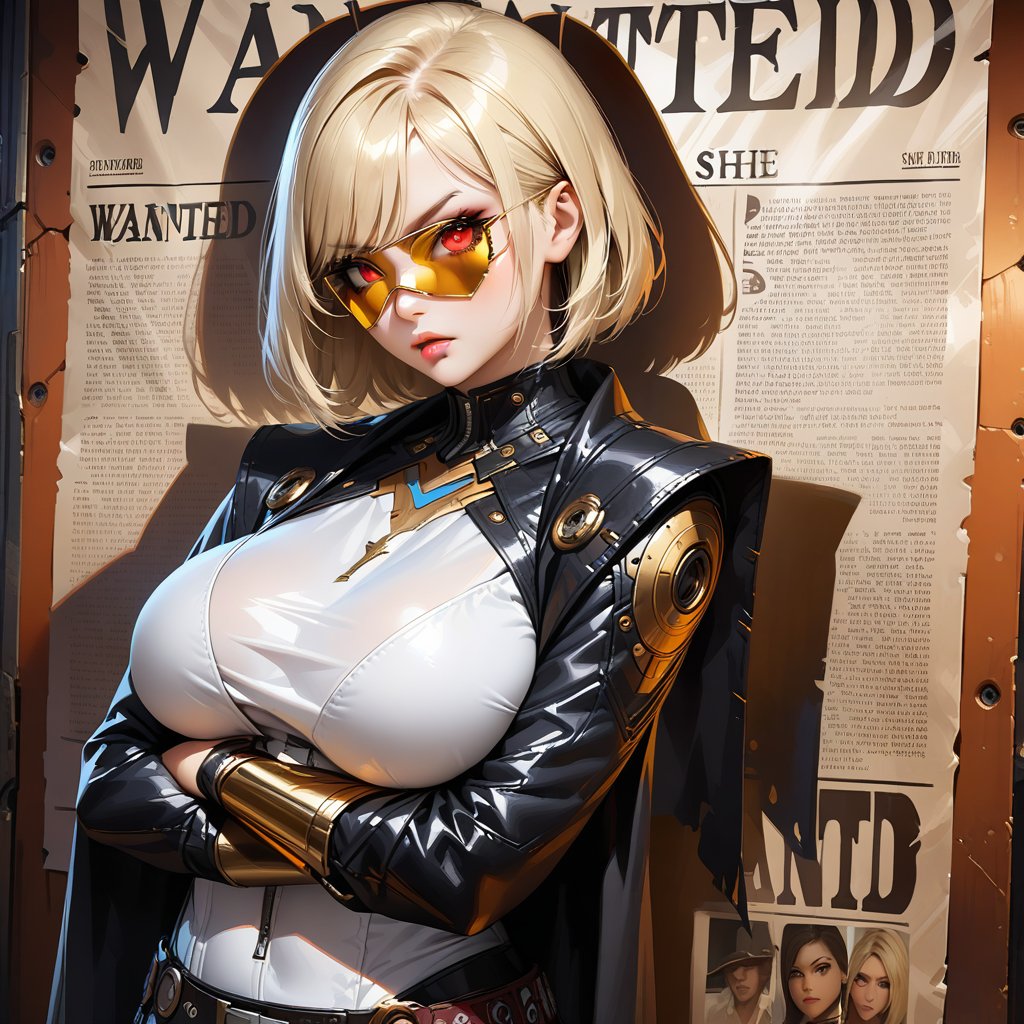 "an old western "Wanted!" poster. The word (WANTED!) is printed above the picture of beautiful young evil japan gothic gir...
