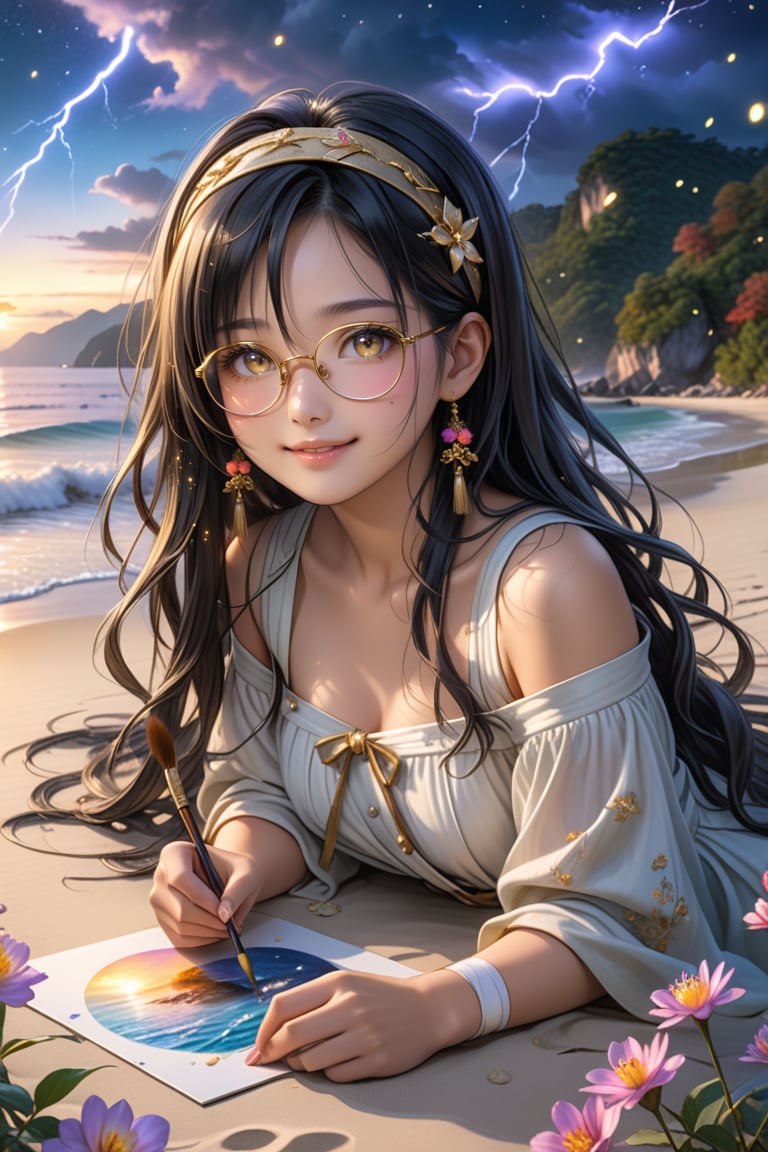 Sexy, full body(view reveals her entirely), A highly detailed and visually stunning image of a beautiful young asia girl, with a sweet and gentle face, Charming mole on her face, She has long hair,shiny black hair with a soft glow, wearing golden-rimmed glasses, Sleepy glowing eyes, a headband is a Torn bandage, She smiles softly and looks directly at the viewer, She is dressed in Torn bandage, She is painting a portrait of herself, on White sand beach on the sea shorea,bove a lightning clouds,autumn,In field of fireflies,Beautiful colorful flowers that are blooming,clear river shimmers with light, image is sharp, beautiful, and visually captivating with soft colors and a peaceful atmosphere, holographic astral cosmic illustration, best texture, Exceptionally sharp and complex,masterpiece, photorealistic, Perfect lighting, ultra hyper quality. Ultra hyper intricate detail. Majestic. fantasy. 8k resolution.