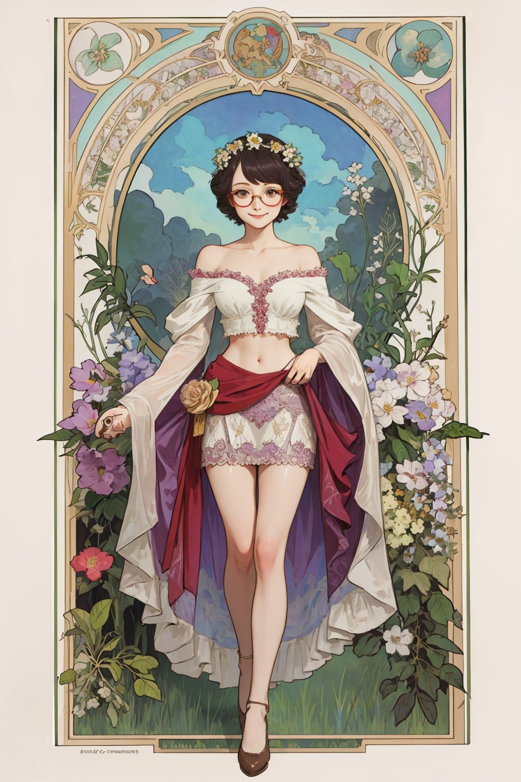 analog, (watercolor:0.4), hand drawn, Art Nouveau, rococo, Alphonse Mucha, anime face, 1 little girl, loli, bookworm, glasses, light smile, dress, hair ornaments, crop top, off shoulder, mini skirt, flowers, leafs, Bourgeois, full body,High detailed ,Detailedface