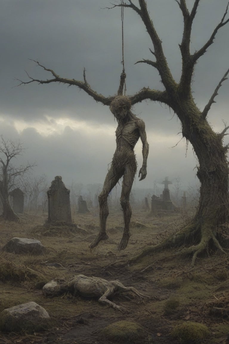 A desolate cemetery landscape: the dead body of a lone macilent  skinny man, consumed by despair, hangs precariously from a rope tied to his neck with a slip knot, from a withered tree branch, surrounded by sparse, dry foliage and crumbling tombstones overgrown with moss, brittle branches, and tangled roots. Gray clouds dominate the sky, only partially illuminated by the winter sun's faint light.
His corpse hangs suspended two meters from the ground, from the rope from his broken neck, swaying in the air, due to the wind that also moves the dry branches, and makes the dry and loose leaves fly. If you look that scene, you only can think in desolation, sadness and despair. His arms and legs are down. The air between his feet and soil is invaded by mist.