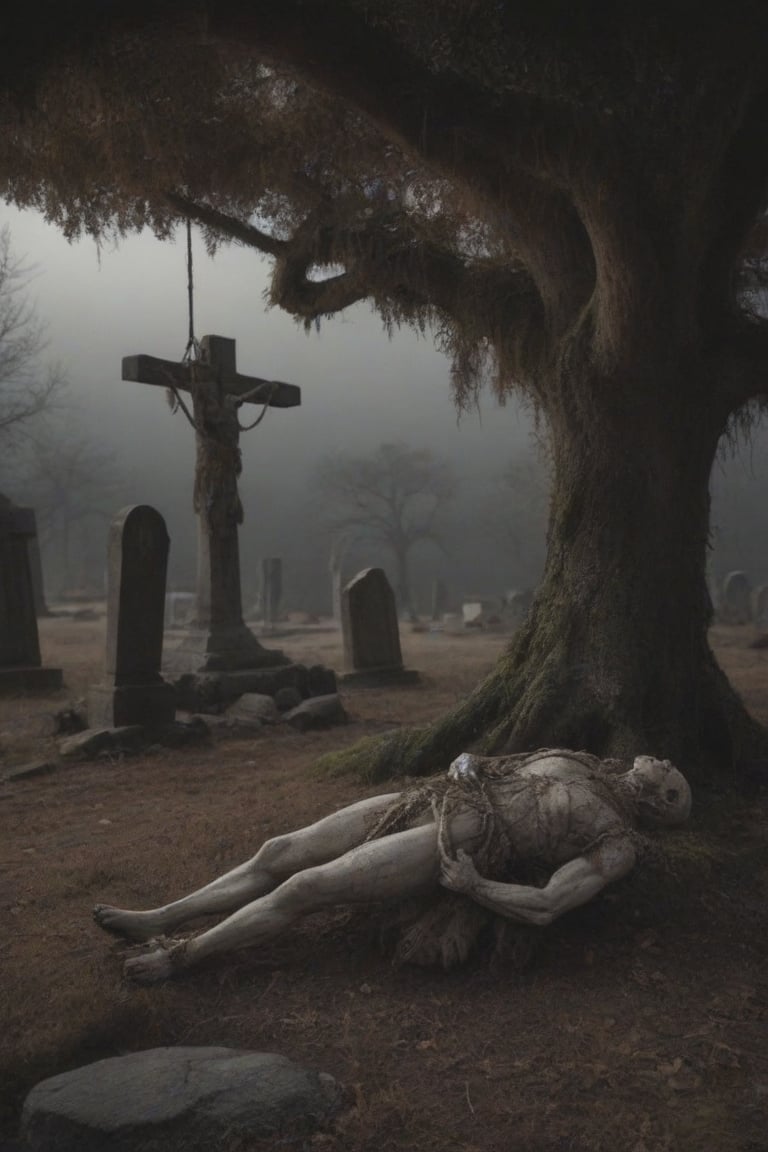 A desolate cemetery landscape: the dead body of a lone man, consumed by despair, hangs precariously from a rope tied to his neck with a slip knot, from a withered tree branch, surrounded by sparse, dry foliage and crumbling tombstones overgrown with moss, brittle branches, and tangled roots. Gray clouds dominate the sky, only partially illuminated by the winter sun's faint light.
His inert gray body hangs from the rope from his broken neck, swaying in the air, due to the wind that also moves the dry branches, and makes the dry and loose leaves fly. If you look that scene, you only can think in desolation, sadness and despair.