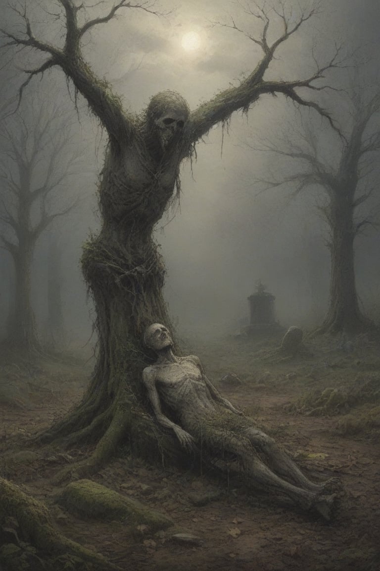 A desolate cemetery landscape: the dead body of a lone macilent  skinny man, consumed by despair, hangs precariously from a rope tied to his neck with a slip knot, from a withered tree branch, surrounded by sparse, dry foliage and crumbling tombstones overgrown with moss, brittle branches, and tangled roots. Gray clouds dominate the sky, only partially illuminated by the winter sun's faint light.
His corpse hangs suspended two meters from the ground, from the rope from his broken neck, swaying in the air, due to the wind that also moves the dry branches, and makes the dry and loose leaves fly. If you look that scene, you only can think in desolation, sadness and despair. His arms and legs are down. The air between his feet and soil is invaded by mist.