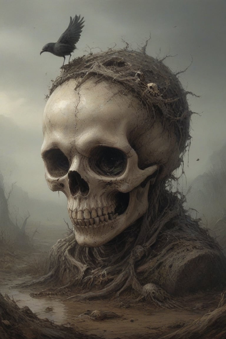 A haunting tableau: a wormy skull lies amidst the damp, mist-shrouded earth, its socket home to a desiccated eye now host to a revolting fly. Rotting flesh clings to the bone, as if refusing to relinquish life's final grasp. A crow, beak agape, feeds on the decaying remains, its pecking motions punctuating the morbid stillness.