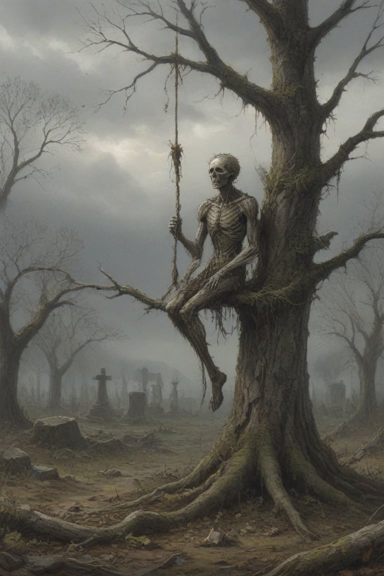 A desolate cemetery landscape: the dead body of a lone macilent man, consumed by despair, hangs precariously from a rope tied to his neck with a slip knot, from a withered tree branch, surrounded by sparse, dry foliage and crumbling tombstones overgrown with moss, brittle branches, and tangled roots. Gray clouds dominate the sky, only partially illuminated by the winter sun's faint light.
His corpse hangs suspended two meters from the ground, from the rope from his broken neck, swaying in the air, due to the wind that also moves the dry branches, and makes the dry and loose leaves fly. If you look that scene, you only can think in desolation, sadness and despair. His arms and legs are down.