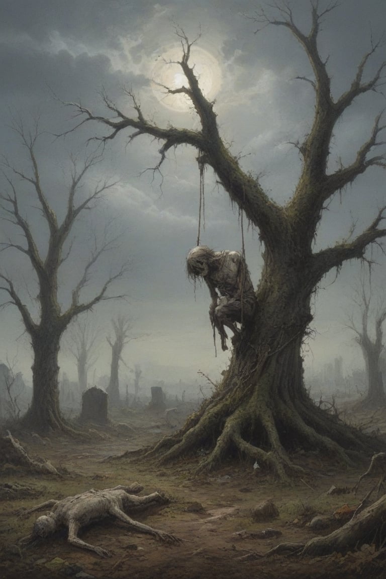 A desolate cemetery landscape: the dead body of a lone macilent man, consumed by despair, hangs precariously from a rope tied to his neck with a slip knot, from a withered tree branch, surrounded by sparse, dry foliage and crumbling tombstones overgrown with moss, brittle branches, and tangled roots. Gray clouds dominate the sky, only partially illuminated by the winter sun's faint light.
His corpse hangs suspended two meters from the ground, from the rope from his broken neck, swaying in the air, due to the wind that also moves the dry branches, and makes the dry and loose leaves fly. If you look that scene, you only can think in desolation, sadness and despair. His arms and legs are down. The air between his feet and soil is invaded by mist.