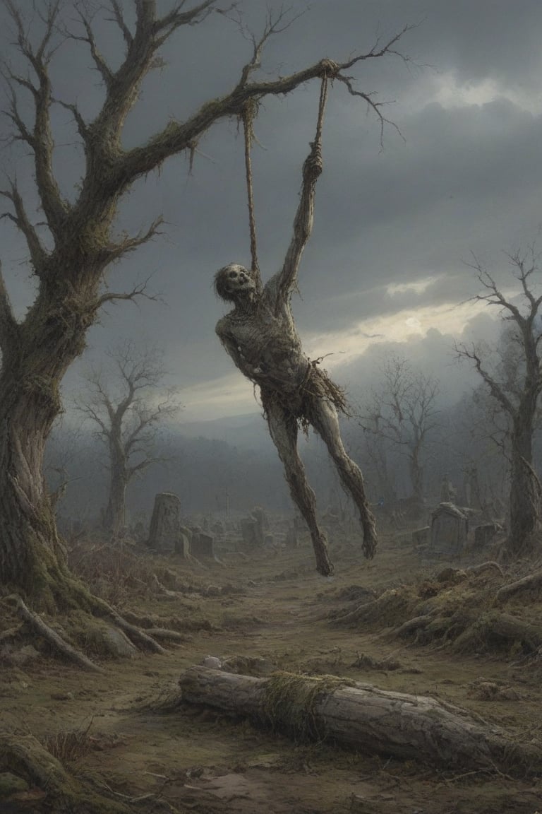 A desolate cemetery landscape: the dead body of a lone macilent man, consumed by despair, hangs precariously from a rope tied to his neck with a slip knot, from a withered tree branch, surrounded by sparse, dry foliage and crumbling tombstones overgrown with moss, brittle branches, and tangled roots. Gray clouds dominate the sky, only partially illuminated by the winter sun's faint light.
His corpse hangs suspended two meters from the ground, from the rope from his broken neck, swaying in the air, due to the wind that also moves the dry branches, and makes the dry and loose leaves fly. If you look that scene, you only can think in desolation, sadness and despair. 