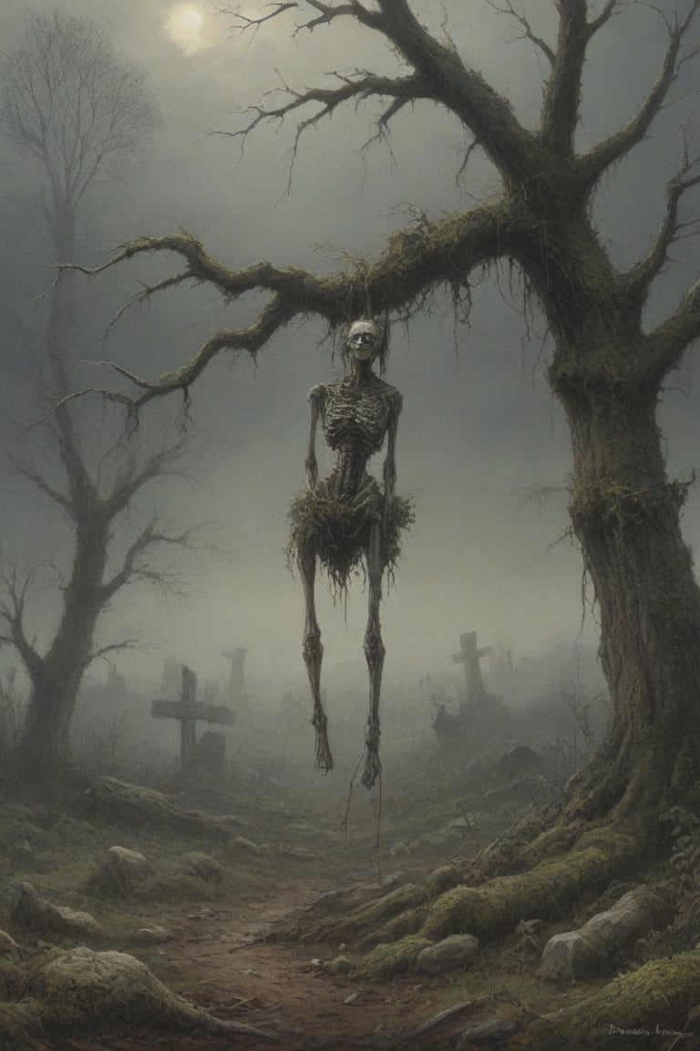 A desolate cemetery landscape: the dead body of a lone macilent  skinny man, consumed by despair, hangs precariously from a rope tied to his neck with a slip knot, from a withered tree branch, surrounded by sparse, dry foliage and crumbling tombstones overgrown with moss, brittle branches, and tangled roots. Gray clouds dominate the sky, only partially illuminated by the winter sun's faint light.
His corpse hangs suspended two meters from the ground, from the rope from his broken neck, swaying in the air, due to the wind that also moves the dry branches, and makes the dry and loose leaves fly. If you look that scene, you only can think in desolation, sadness and despair. His arms and legs are down. The air between his feet and soil is invaded by mist.