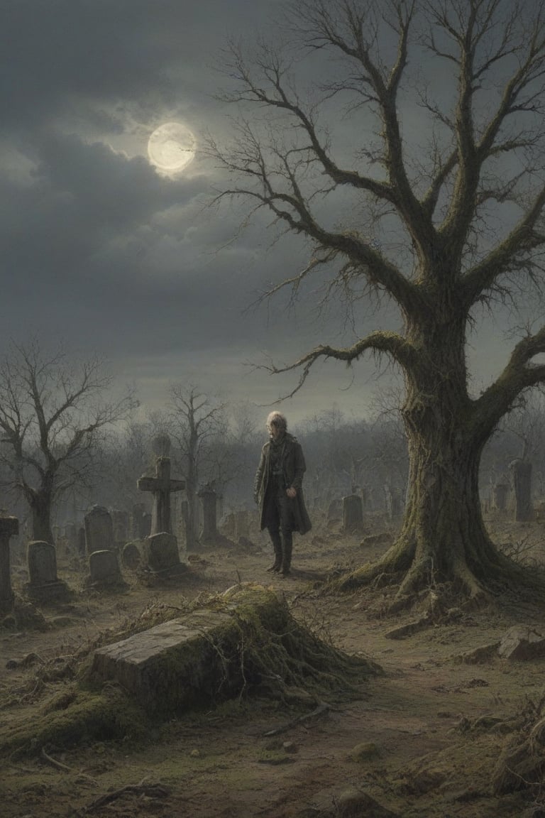 A desolate cemetery landscape: a lone man, consumed by despair, hangs precariously from a withered tree branch, surrounded by sparse, dry foliage and crumbling tombstones overgrown with moss, brittle branches, and tangled roots. Gray clouds dominate the sky, only partially illuminated by the winter sun's faint light.