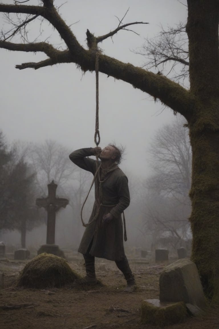 A desolate cemetery landscape: a lone man, consumed by despair, hangs precariously from a rope tied to his neck with a slip knot, from a withered tree branch, surrounded by sparse, dry foliage and crumbling tombstones overgrown with moss, brittle branches, and tangled roots. Gray clouds dominate the sky, only partially illuminated by the winter sun's faint light.
His inert gray body hangs from the rope from his broken neck, swaying in the air, due to the wind that also moves the dry branches, and makes the dry and loose leaves fly. If you look that scene, you only can think in desolation, sadness and despair.