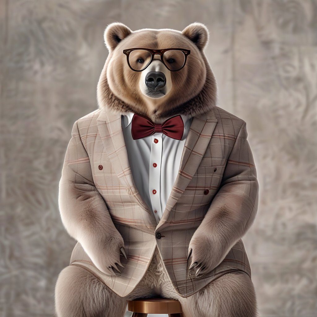 Create an extremely realistic photo of a fat bear wearing glasses, sitting on a stool, dressed in a sharp suit and wearing lipstick. The image features ultra-sharp focus, realistic textures and fur, and rich colors. The composition is high definition, HDR, with extreme and intricate details, sharp focus, and enhanced all aspects for a masterpiece quality photo. The bear is in a poised pose, with detailed facial features and expressive eyes, set against a detailed, well-lit background, highlighting the suit and lipstick.