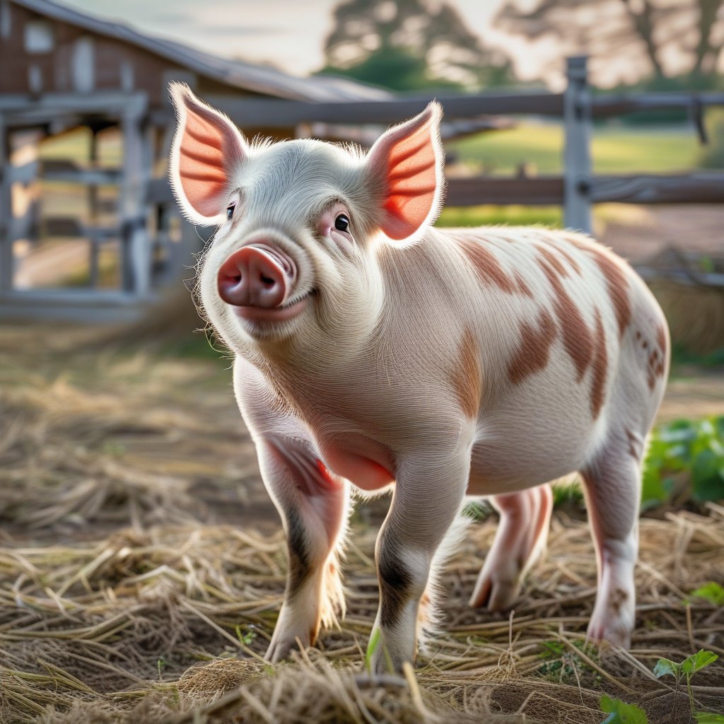 Create an extremely realistic photo of a cute pig in a rural farm setting. The image features ultra-sharp focus, realistic textures and skin, and rich colors. The composition is high definition, HDR, with extreme and intricate details, sharp focus, and enhanced all aspects for a masterpiece quality photo. The pig is in a playful or curious pose, with detailed facial features and expressive eyes, set against a detailed background of a barn or open field.