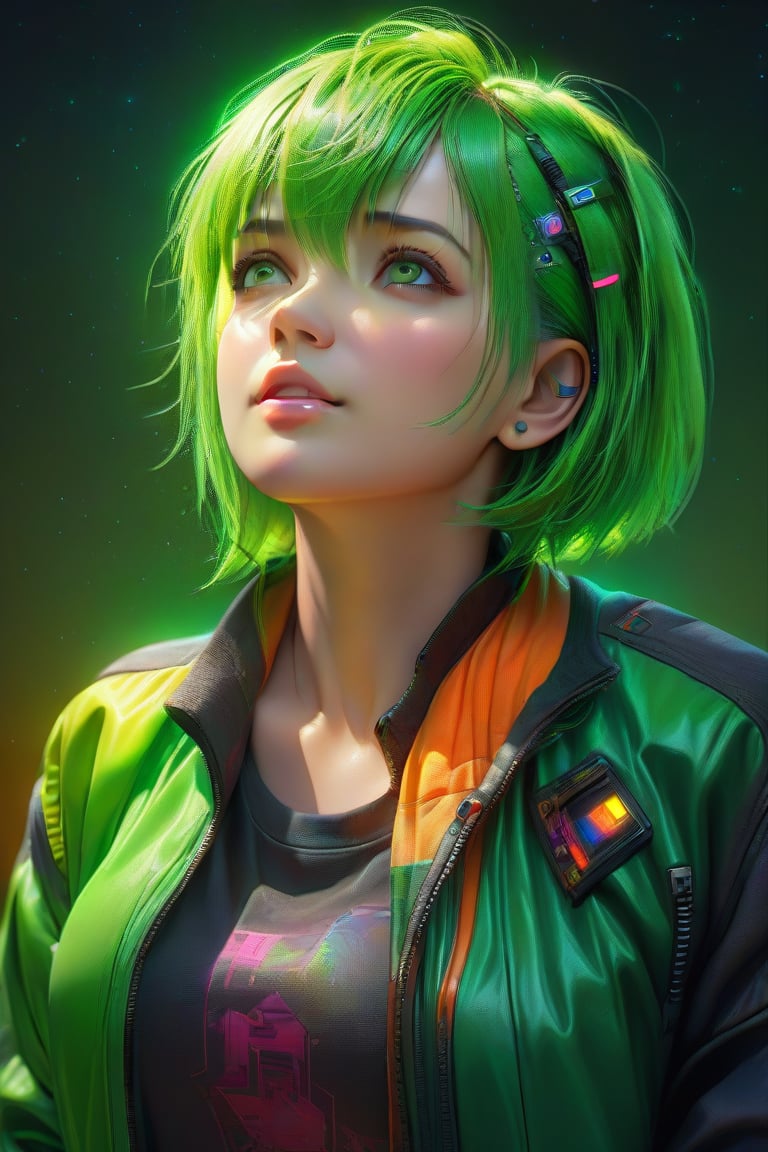 (4k, 8k, high resolution, best quality, masterpiece: 1.3), ultra detailed, (realistic, photorealistic, photorealistic: 1.5), HDR, UHD, studio lighting, ultra-fine painting, sharp focus, physically based rendering, detailed description Extreme view, professional, bright colors, A beautiful woman in a jacket, short green hair, green eyes, human, looking up at the stars in a desert at night. The image is a digital painting full of intricate, cYberpunk details.