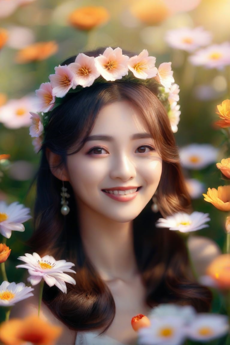 This is a tranquil, soft-focus portrait of a woman wearing a delicate crown of flowers, surrounded by blooming flowers. She is a beautiful model from China, with big eyes, an oval face, very bright eyes, very smooth hair, and high cheekbones. She likes to laugh, picking a flower and smelling it, her eyes are very gentle. Her gentle face is bathed in warm, diffused light, exuding an otherworldly ethereal beauty. Her smile is very sweet