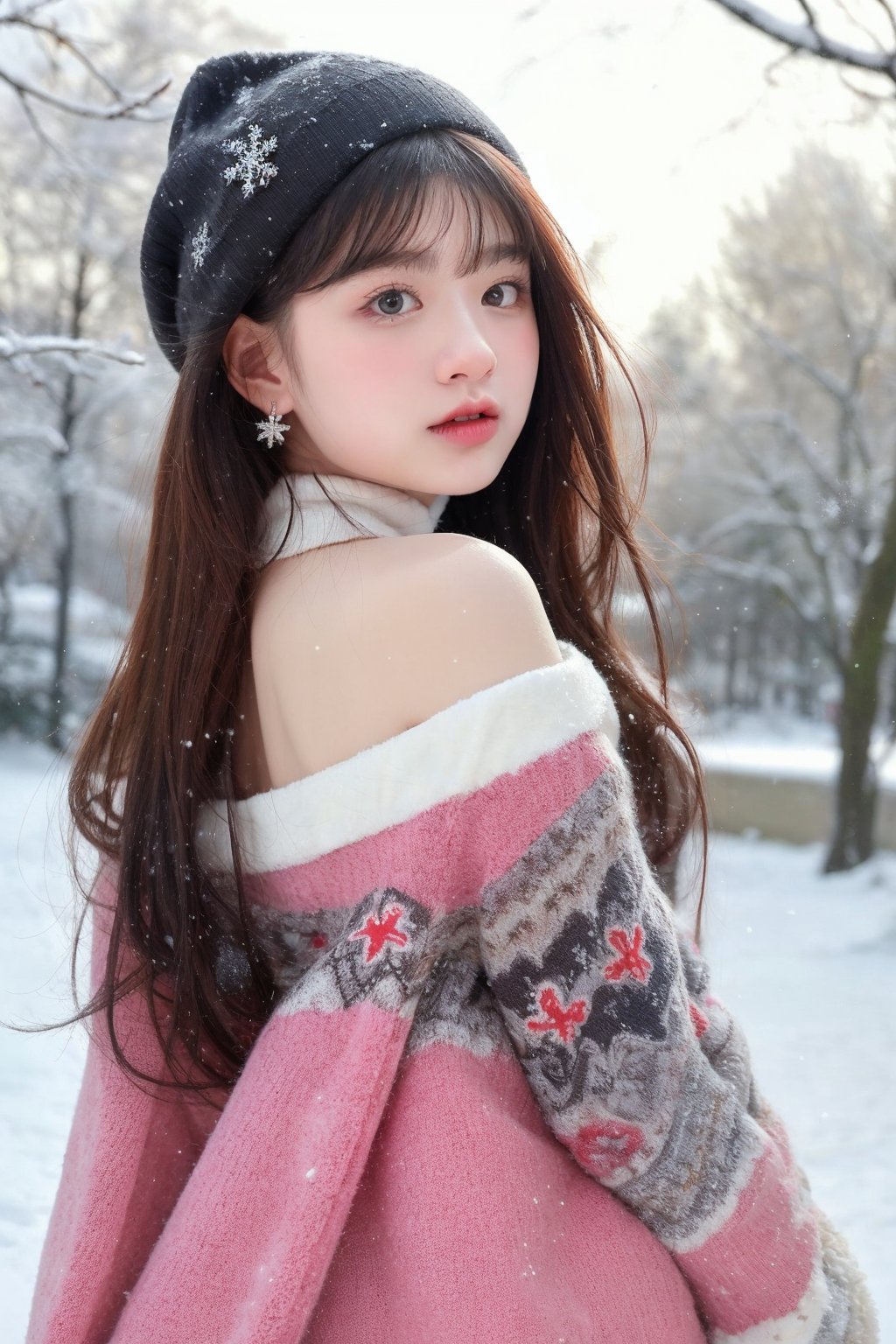 
```
A wintery scene unfolds: a lone girl stands under a bare tree, surrounded by softly falling snow. Her long hair cascades down her back, partially obscuring her face as she gazes directly at the viewer with bright blue eyes and parted lips. She wears a pink turtleneck sweater adorned with a star symbol, a hat, and her bangs frame her blush-tinted cheeks. Long sleeves and earrings complete her winter wonderland ensemble, as snowflakes gently land on her hair and shoulders. Upper body, looking at viewer, masterpiece.
```