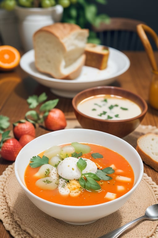 two bowls of soup with bread and herbs on a table, unsplash photography, (a bowl of fruit)!!!!!!!!!, sacral chakra, portrait featured on unsplash, featured on unsplash, 6 0 s colour palette, boho chic!!, peter morbacher style, professional food photo, by Irene and Laurette Patten, wlop : :