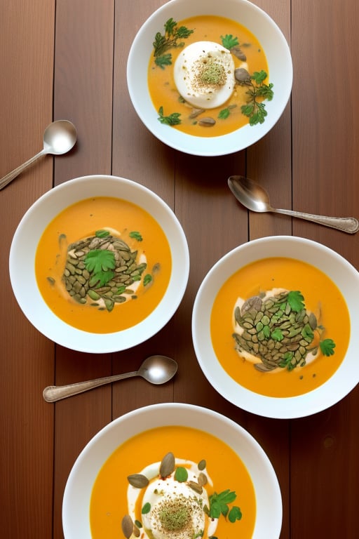 Two bowls of creamy pumpkin soup with fresh parsley and pumpkin seeds, bread and silverware on the side, wood table background