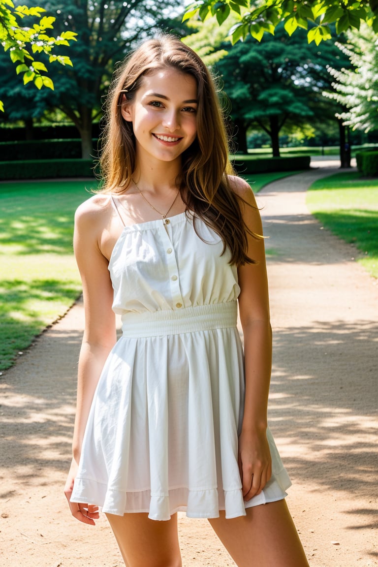 Original photo, full body shot, face portrait photo of beautiful 18 year old woman, baby face, long legs, European park, hand combed hair, cute face, wearing white short dress, smiling face, natural shadows, film shot , dramatic lighting